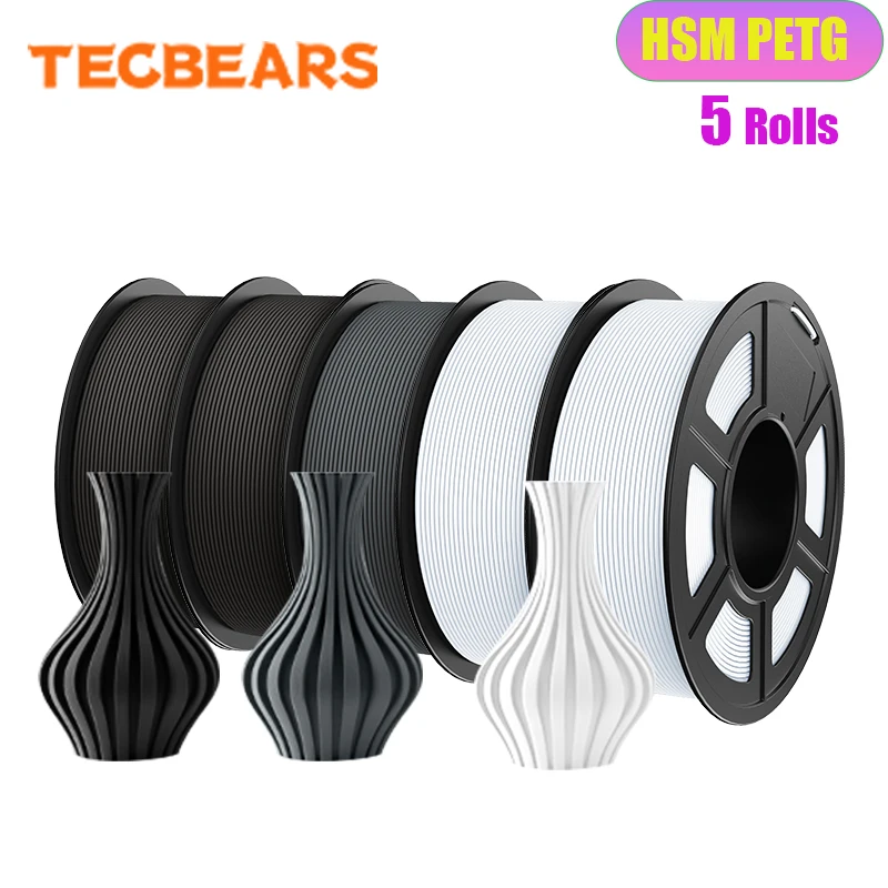 TECBEARS High Speed Matte PETG Filament 1.75mm, 5-Spool Set, HSMPETG 2BK 2WT GY