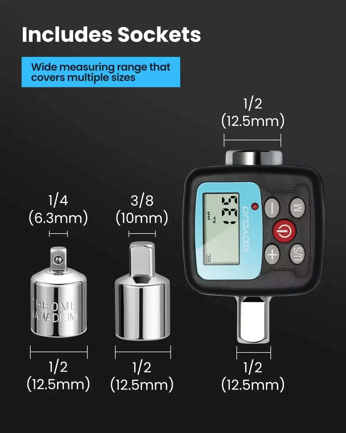 GOYOJO Digital Torque Adapter with LCD, 1/4" to 1/2" Drive – photo 3