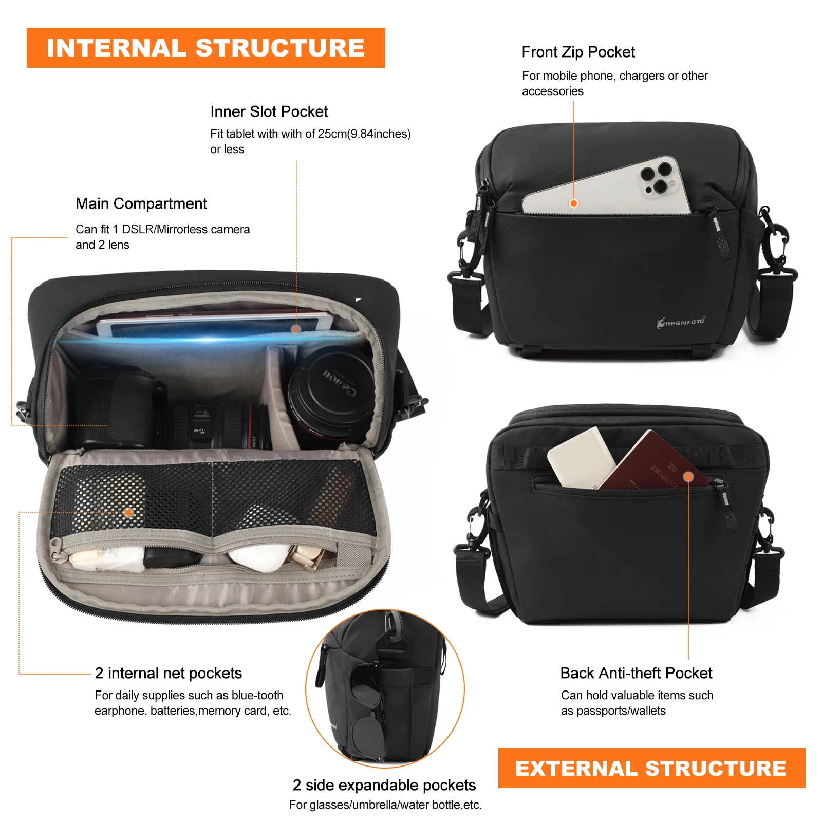 Besnfoto Waterproof Camera Shoulder Bag with Dividers and Tripod Straps – photo 3