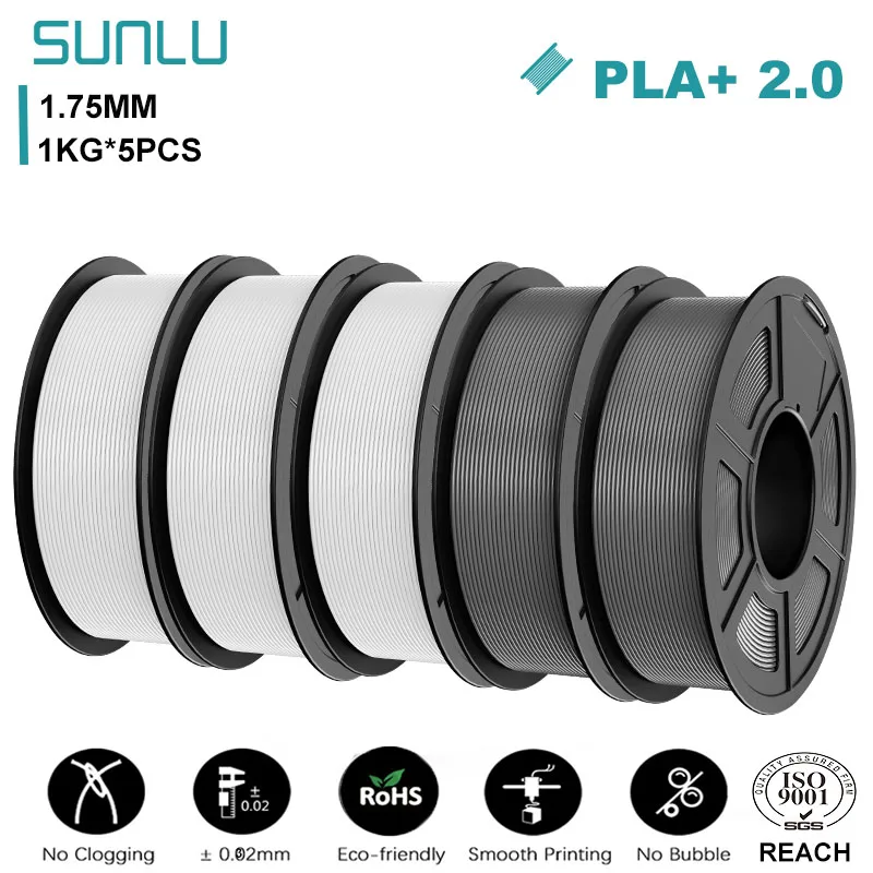 SUNLU PLA+ 2.0 Filament 1.75mm, 5 kg (5 × 1 kg), PLAplus 2.0 3WT 2GY