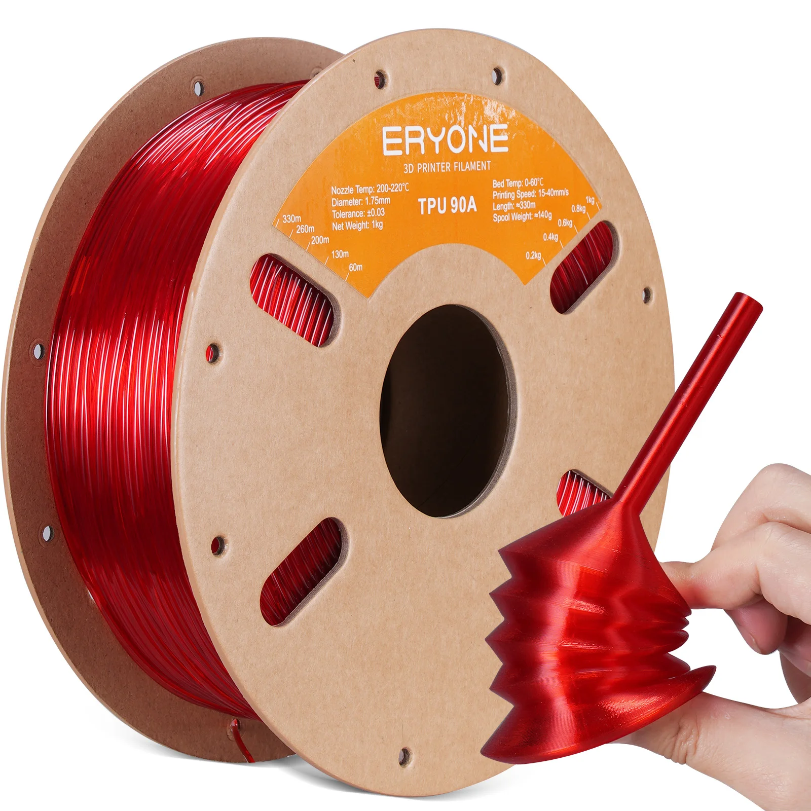 ERYONE TPU 90A Flexible Filament 1.75mm, 1 kg to 6 kg, Trans Red-1kg