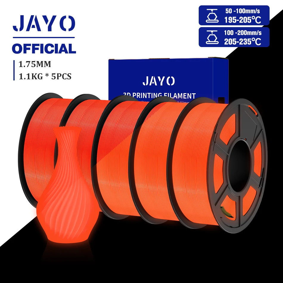 JAYO Glow in the Dark PLA & PETG Filament 1.75mm, 5-Roll Packs, PLA GID Red