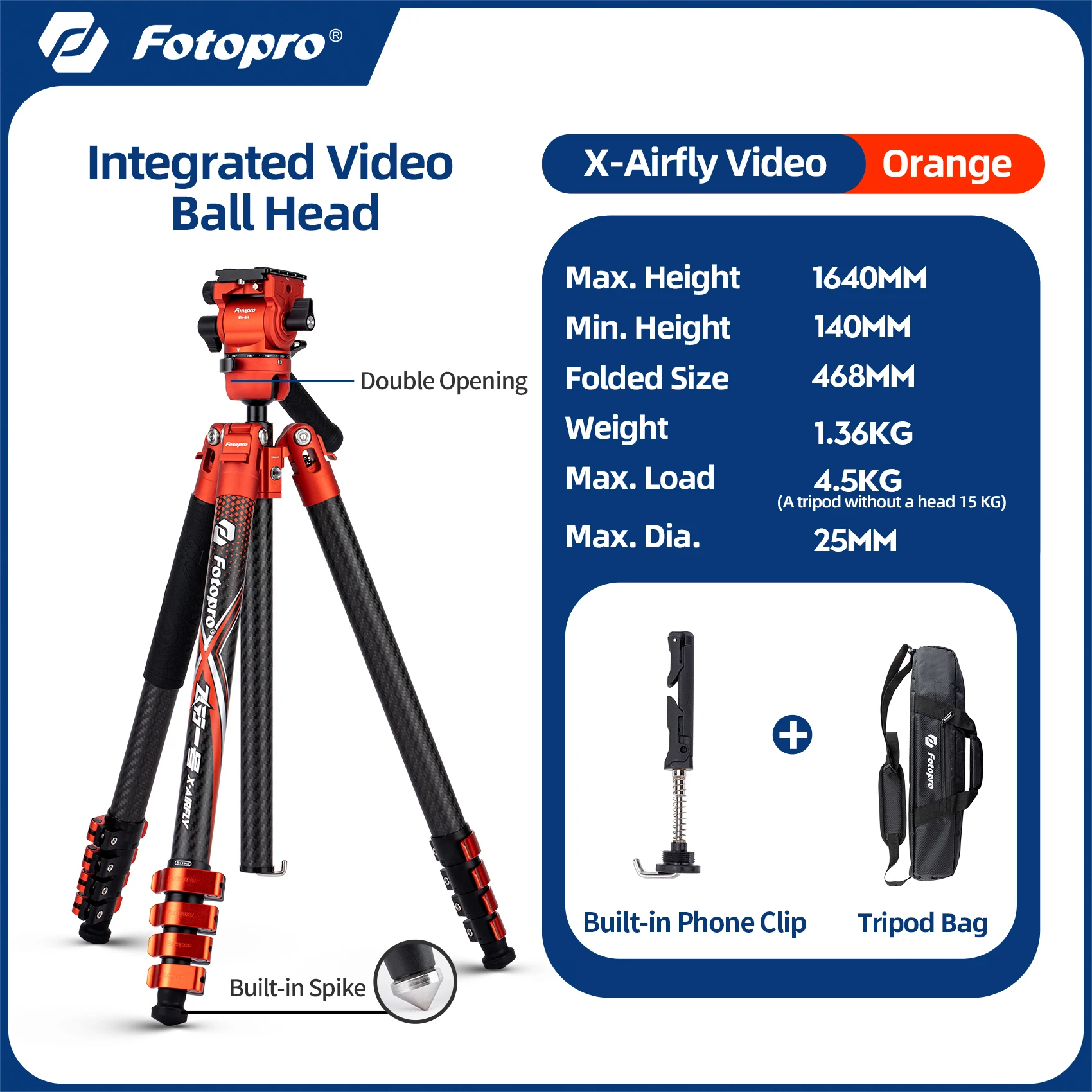 Fotopro X-Airfly Carbon Fiber Video Tripod, 64.5" (164 cm), AIRFLY Video Orange