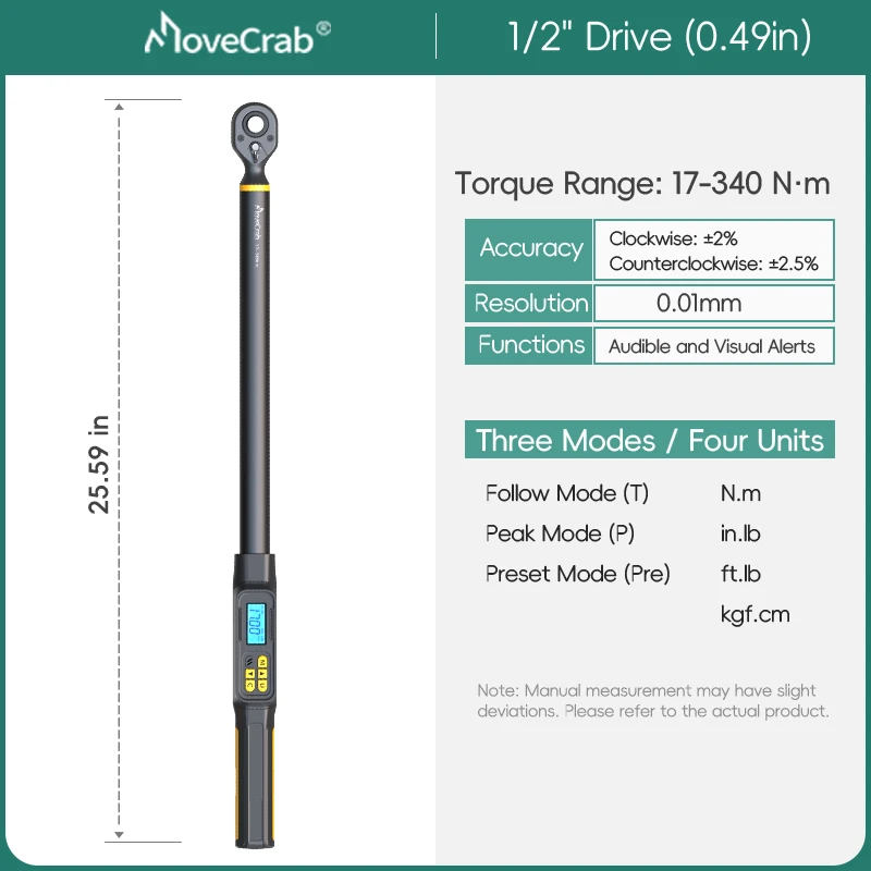 MOVECRAB Digital Torque Wrench, 3/8" or 1/2", up to 340 N·m, 17-340N.m