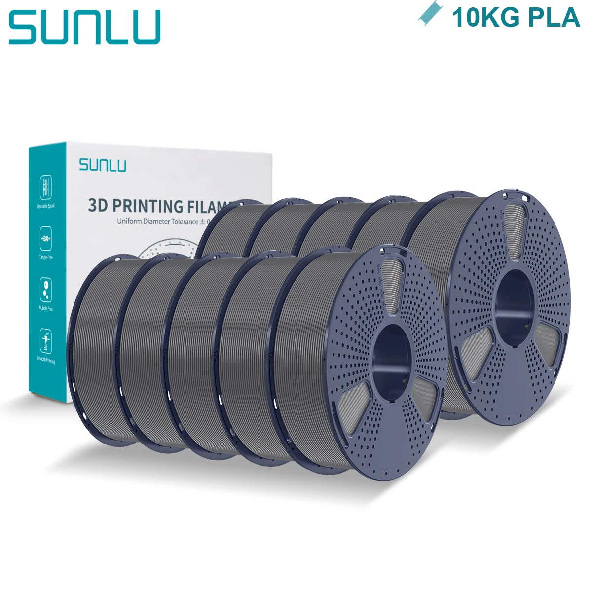 SUNLU PLA Filament 1.75mm, 10 kg (10 × 1 kg Spools), PLA 10 Gray