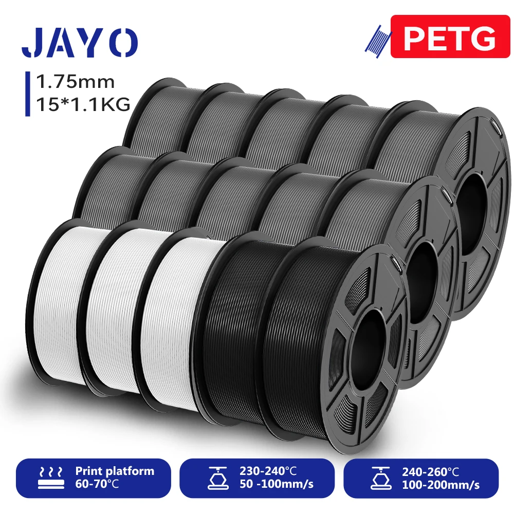 JAYO PETG Filament 1.75mm, 15 Spools (15 × 1.1 kg), PETG-10GY3WT2BK