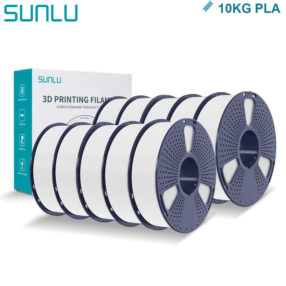 SUNLU PLA Filament 1.75mm, 10 kg (10 × 1 kg Spools), PLA 10 White