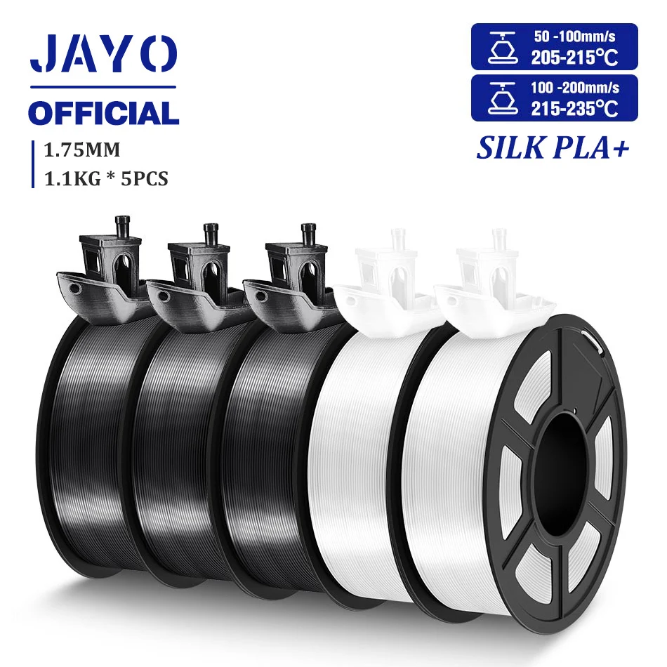 JAYO TPU Silk and Silk PLA+ Filament 1.75mm, 5-Roll Sets, Silk PLAp 3BK 2WT