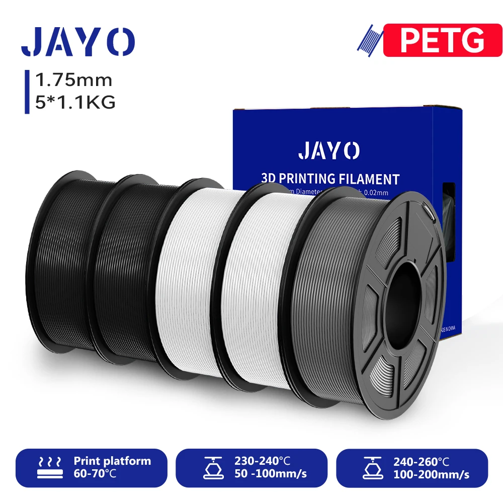 JAYO PETG Filament 1.75mm, 5-Roll Sets (5 × 1.1 kg), PETG-2BK2WTGY