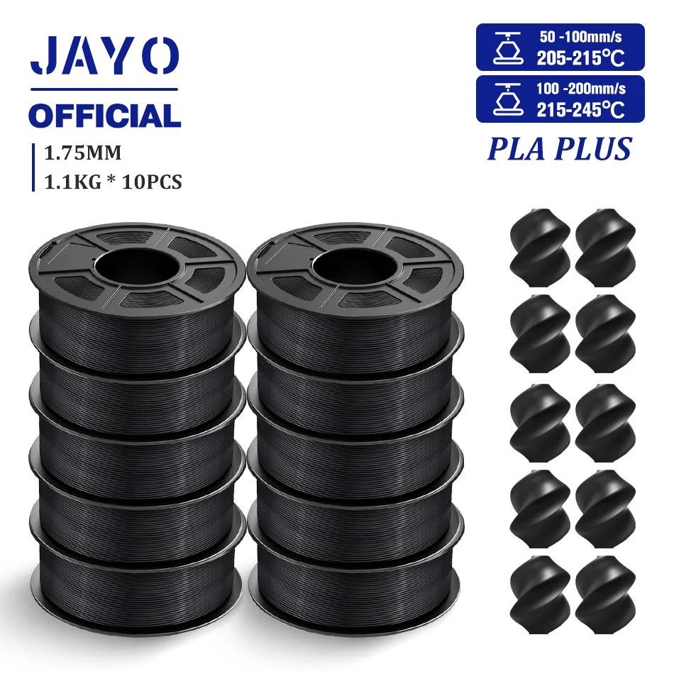 JAYO PLA / PLA+ / PETG Filament 1.75mm, Black, 10 Spools, PLA PLUS Black 10