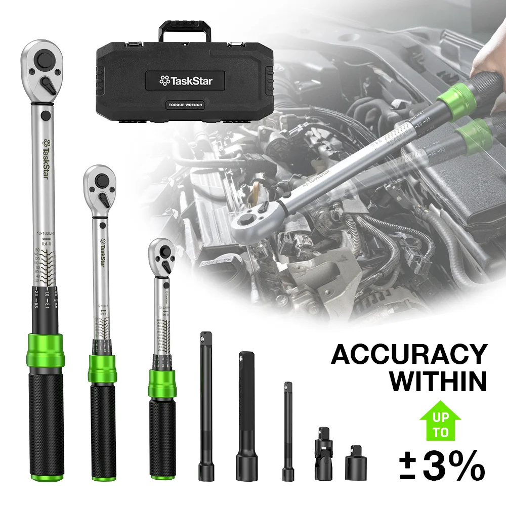 TaskStar 8-Piece Click Torque Wrench Set, 1/4", 3/8" & 1/2" Drive
