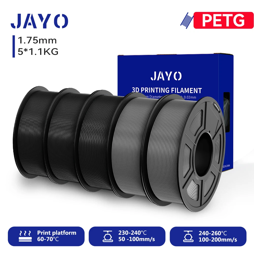 JAYO PETG Filament 1.75mm, 5-Roll Sets (5 × 1.1 kg), PETG-3BK2GY