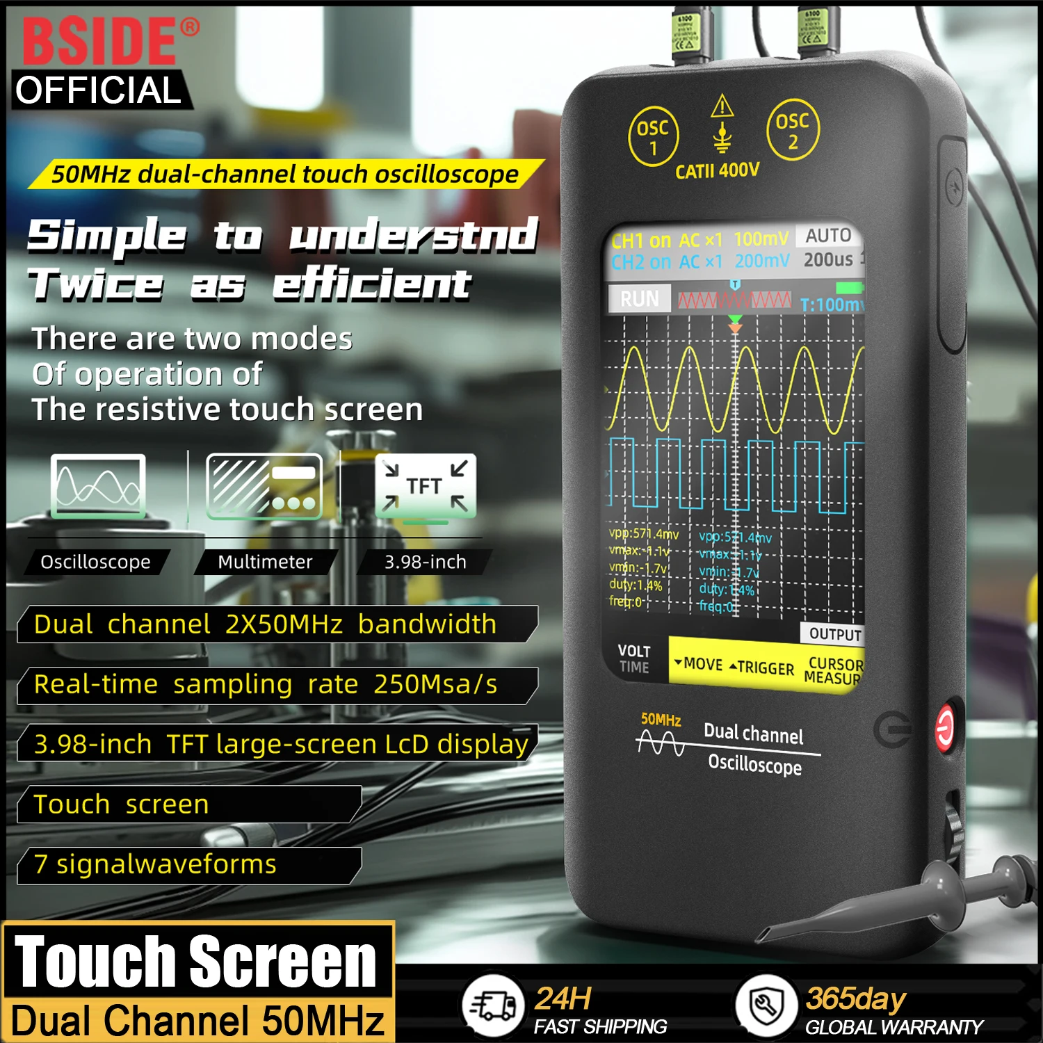 BSIDE O2 Touchscreen Oscilloscope & Signal Generator, 50MHz