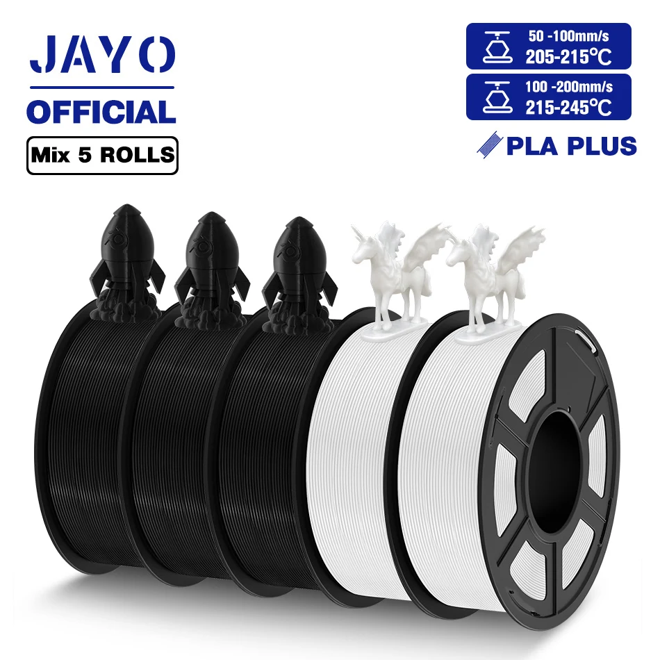JAYO PLA, PLA+ & PETG Filament 1.75mm, 5-Roll Packs, PLA PLUS 3BK 2WT