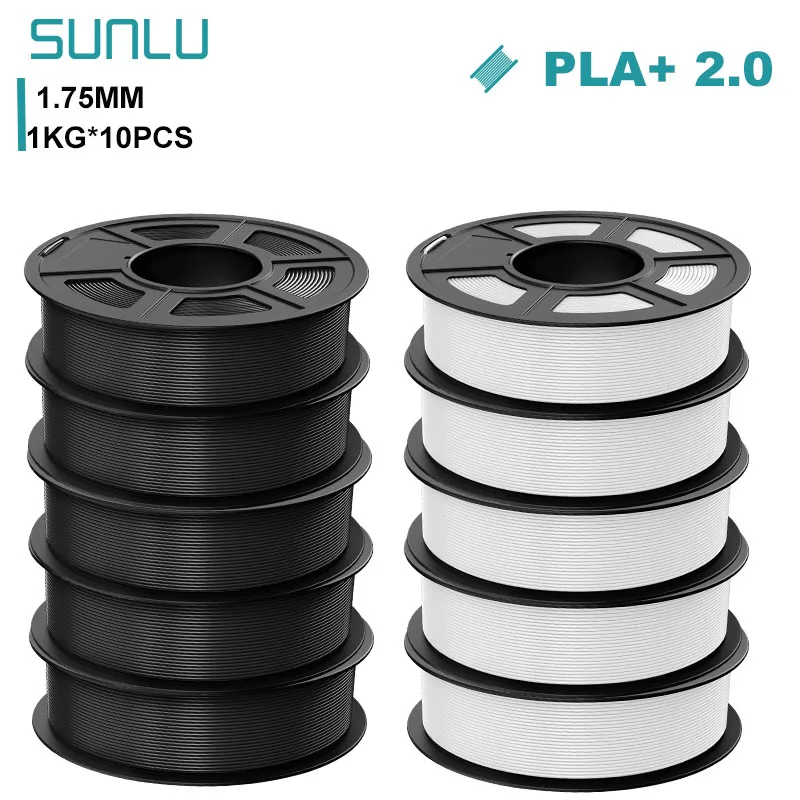 SUNLU PLA+ 2.0 Filament 1.75mm, 10 kg (10 × 1 kg), PLAplus 2.0 5BK 5WT
