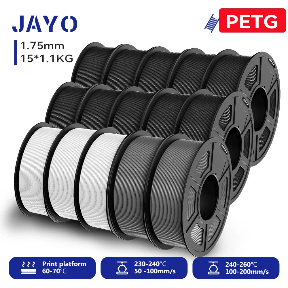 JAYO PETG Filament 1.75mm, 15 Spools (15 × 1.1 kg), PETG-10BK3WT2GY
