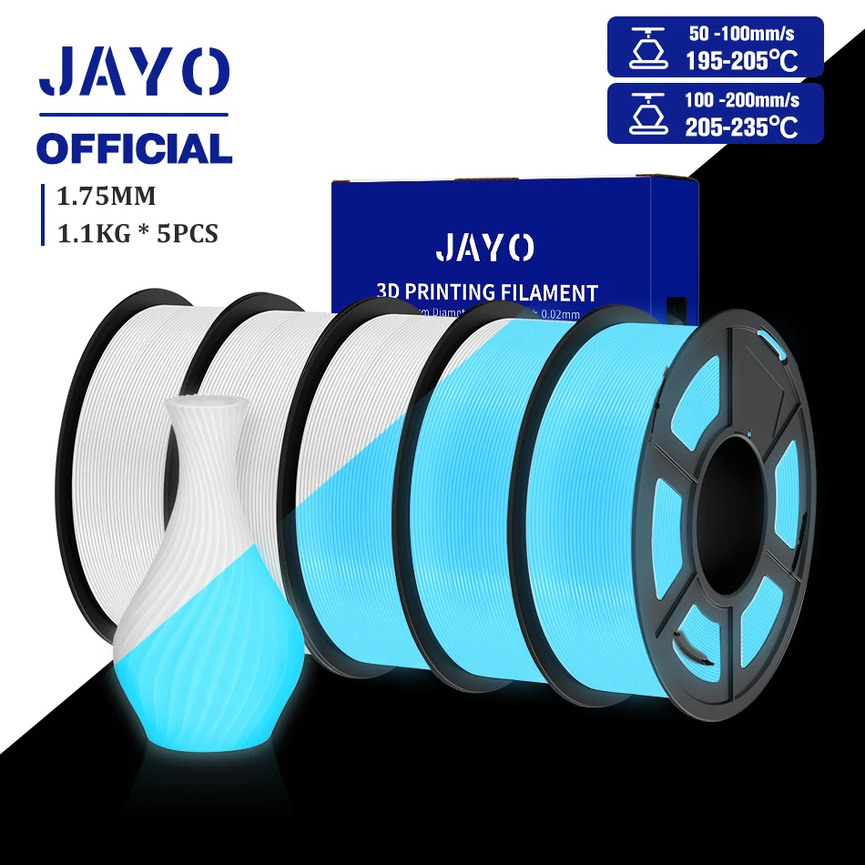 JAYO Glow in the Dark PLA & PETG Filament 1.75mm, 5-Roll Packs, PLA GID White Blue