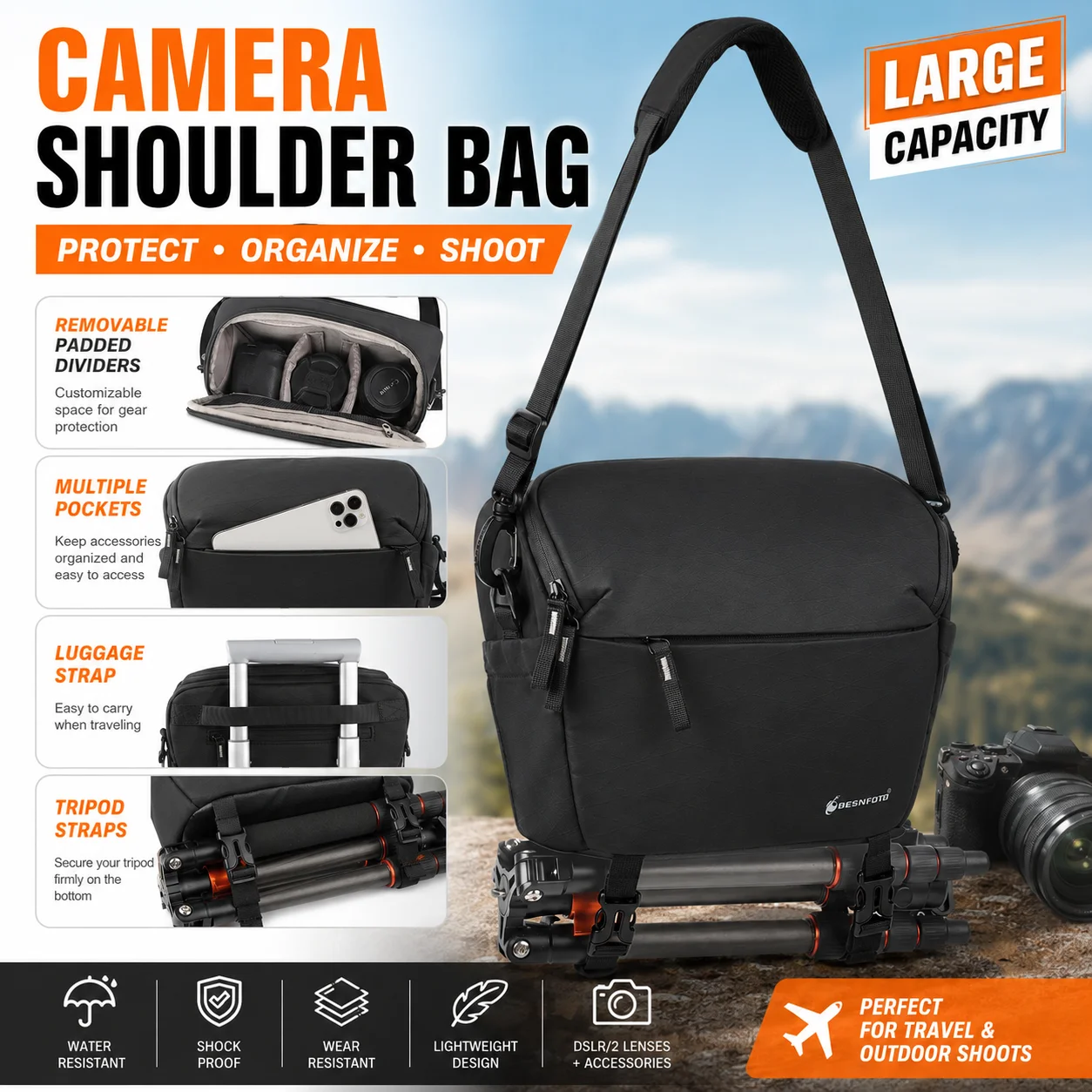 Besnfoto Waterproof Camera Shoulder Bag with Dividers and Tripod Straps – photo 8