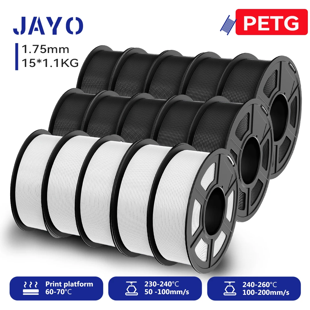 JAYO PETG Filament 1.75mm, 15 Spools (15 × 1.1 kg), PETG-10BK5WT