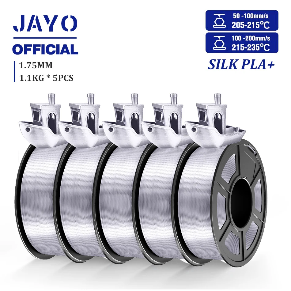 JAYO TPU Silk and Silk PLA+ Filament 1.75mm, 5-Roll Sets, Silk PLAp Silver