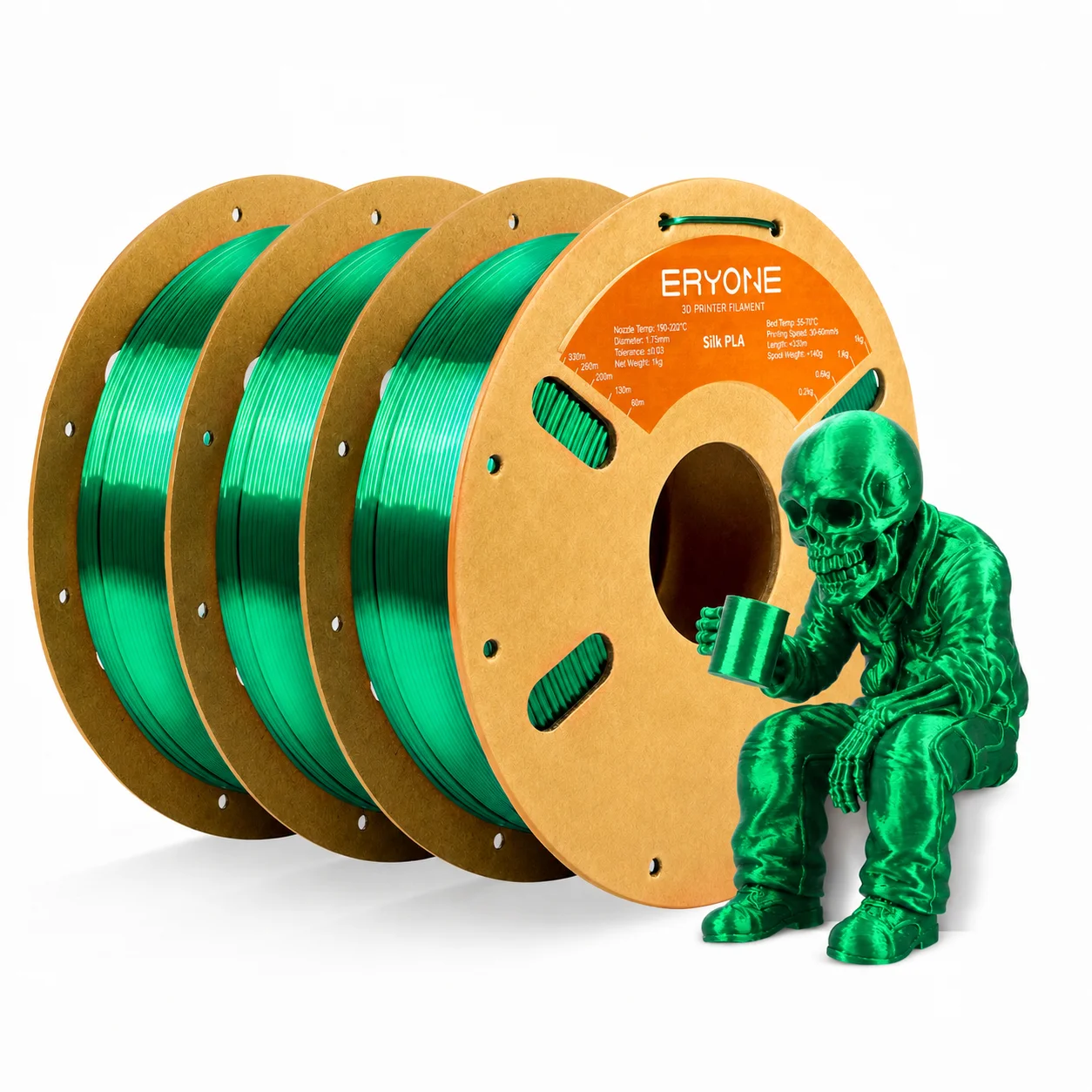 ERYONE Silk PLA Filament 1.75mm, 3 kg (3 × 1 kg), Green 3KG
