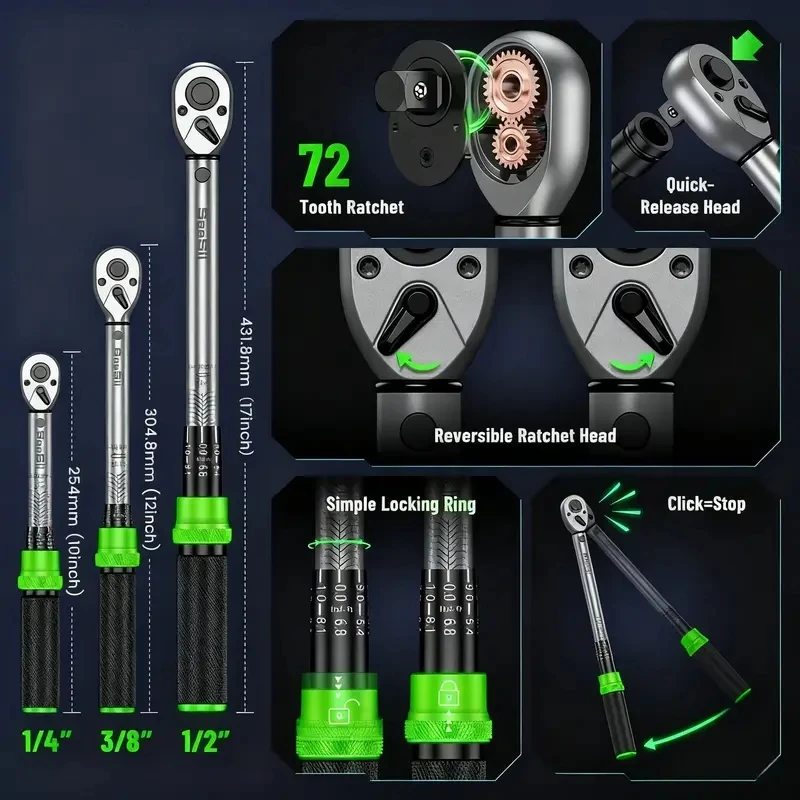 TaskStar 8-Piece Click Torque Wrench Set, 1/4", 3/8" & 1/2" Drive – photo 2