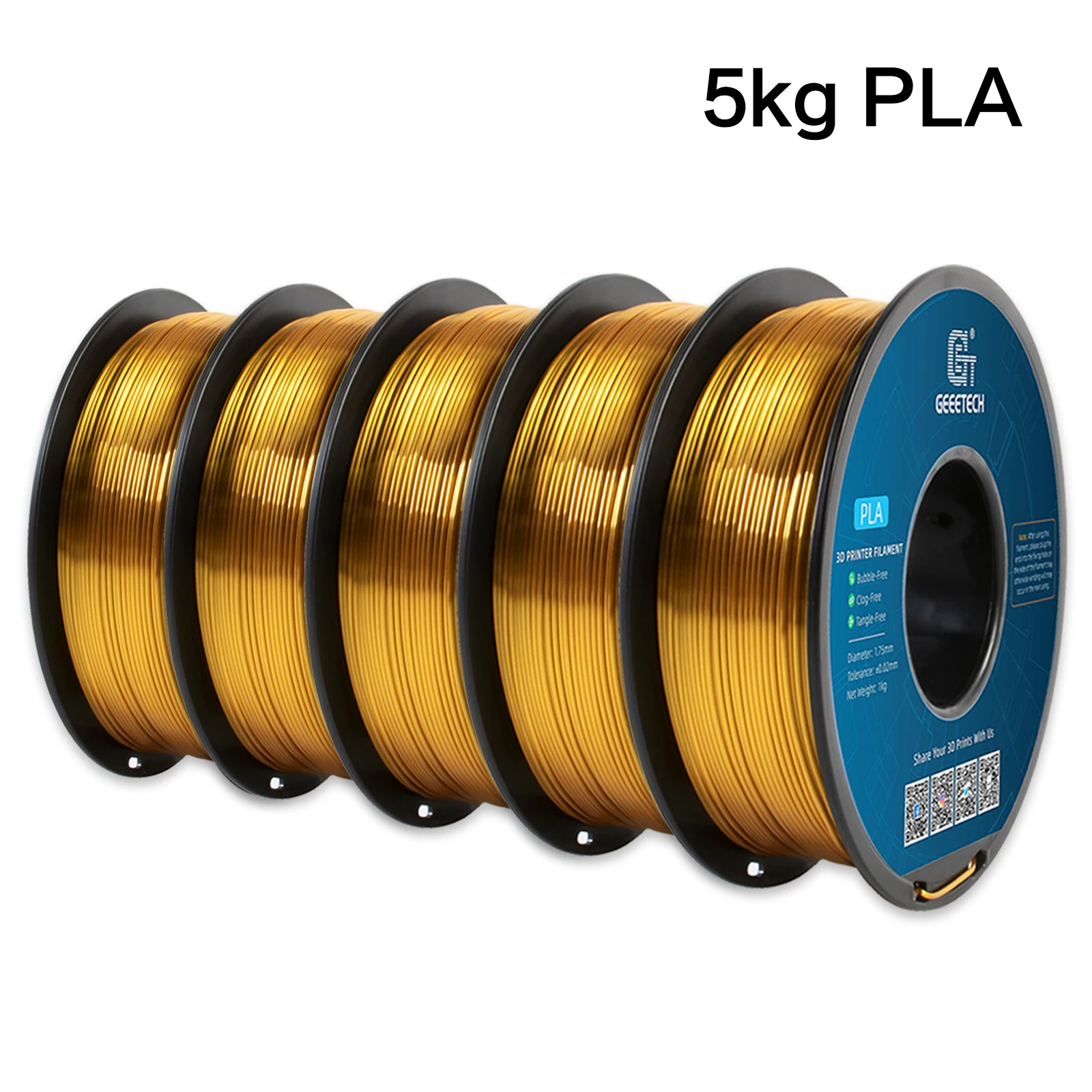 Geeetech Silk PLA Filament 1.75mm, 5 kg (5 × 1 kg), Golden