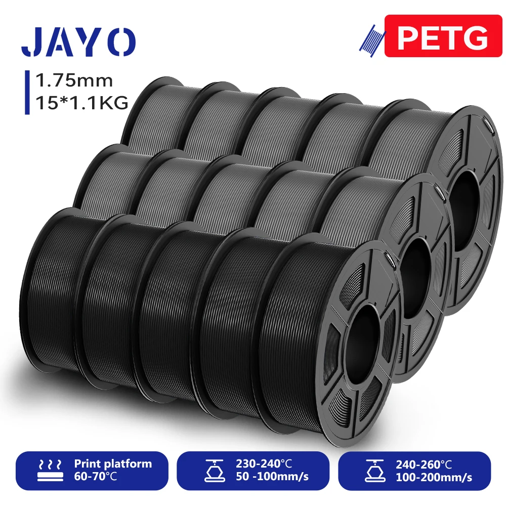 JAYO PETG Filament 1.75mm, 15 Spools (15 × 1.1 kg), PETG-10GY5BK