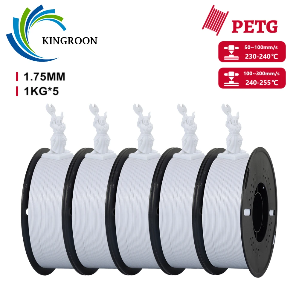 KINGROON PLA / PETG Filament 1.75mm, 5 kg (5 × 1 kg), PETG White 5 Roll