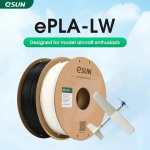 eSUN ePLA-LW lightweight PLA filament spools in white and black with a model airplane