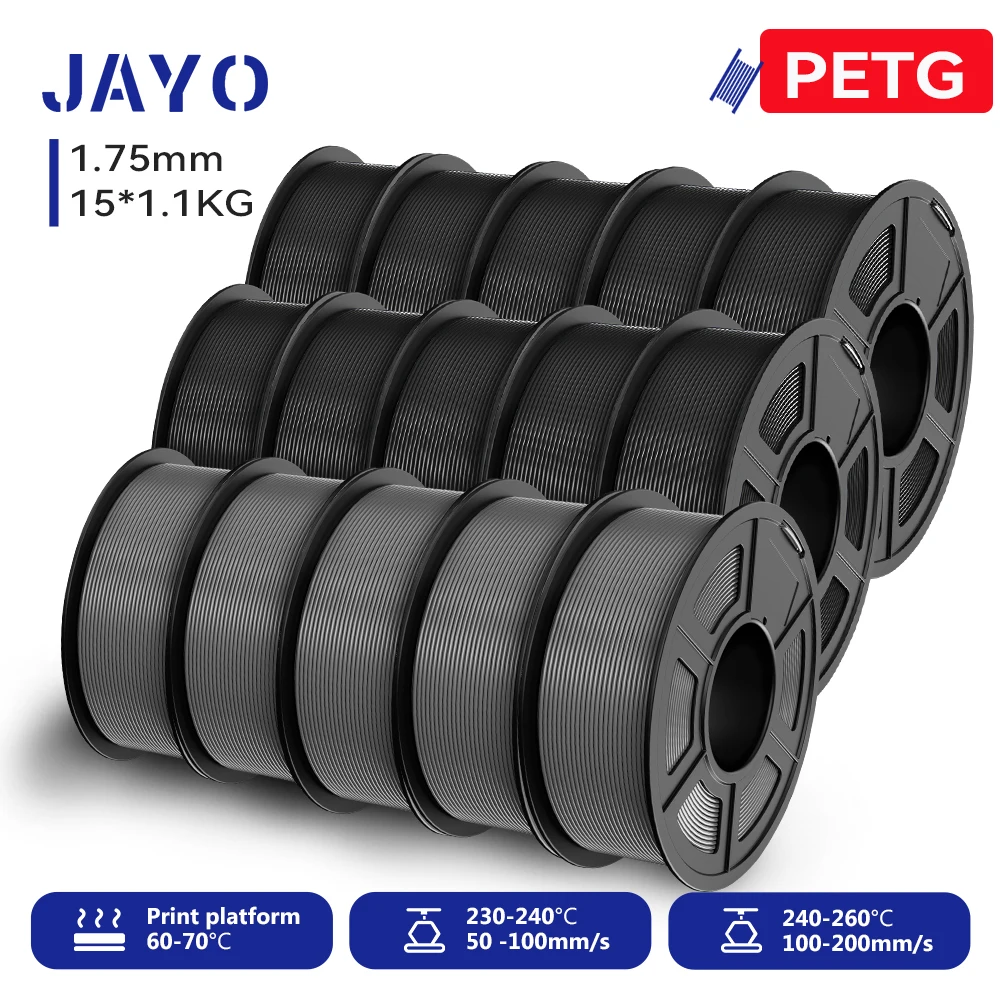 JAYO PETG Filament 1.75mm, 15 Spools (15 × 1.1 kg), PETG-10BK5GY