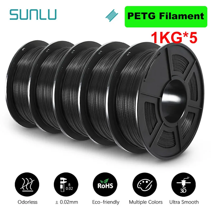 SUNLU PLA / PLA+ / PETG Filament 1.75mm, 5 kg Set, PETG Black
