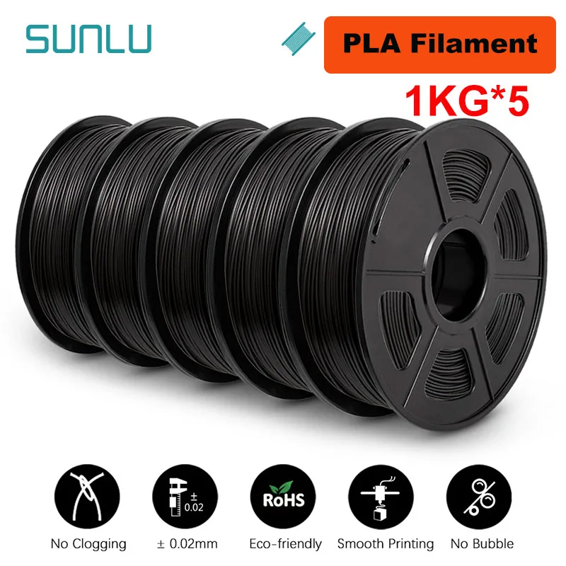 SUNLU PLA / PLA+ / PETG Filament 1.75mm, 5 kg Set, PLA Black