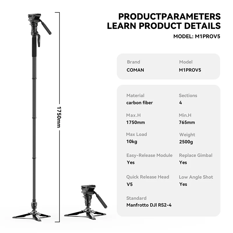 COMAN M1 Carbon Fiber Video Monopod with Feet, 69", M1 PRO V5