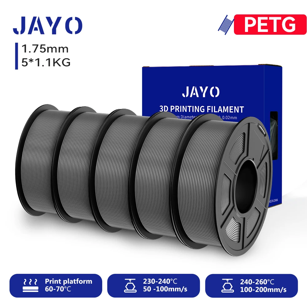 JAYO PETG Filament 1.75mm, 5-Roll Sets (5 × 1.1 kg), PETG-5GY