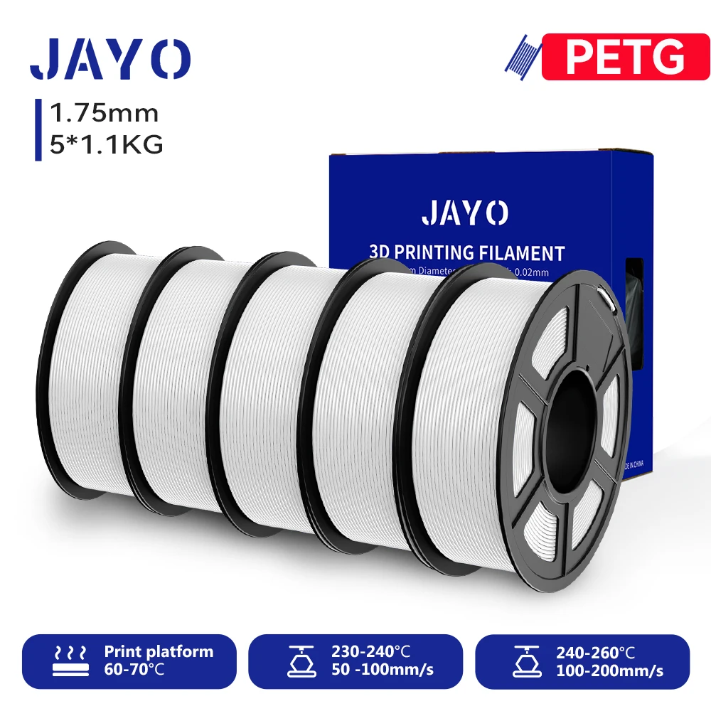 JAYO PETG Filament 1.75mm, 5-Roll Sets (5 × 1.1 kg), PETG-5WT