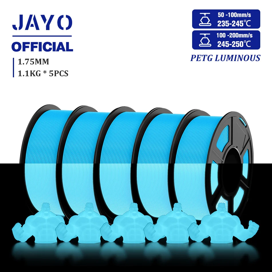 JAYO Glow in the Dark PLA & PETG Filament 1.75mm, 5-Roll Packs, PETG GID Blue