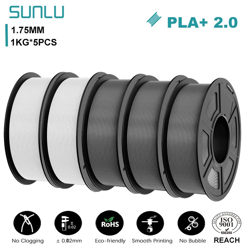 SUNLU PLA+ 2.0 Filament 1.75mm, 5 kg (5 × 1 kg), PLAplus 2.0 2WT 3GY