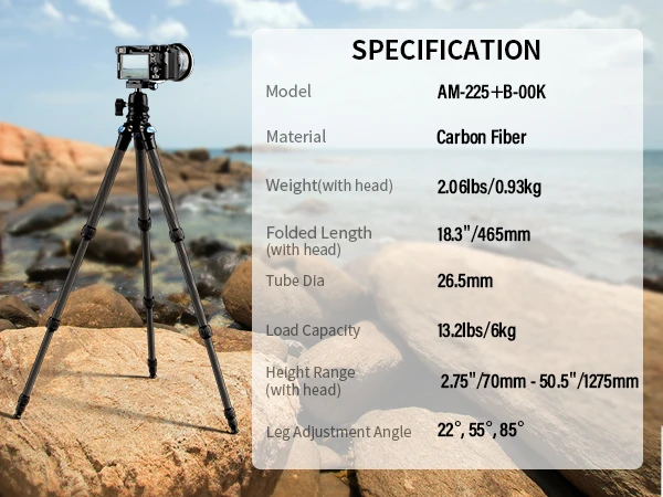 SIRUI AM-225 Carbon Fiber Travel Tripod with B-00K Ball Head, Travel Tripod