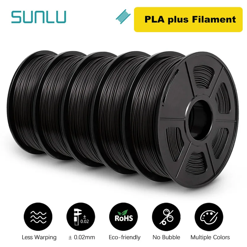 SUNLU PLA / PLA+ / PETG Filament 1.75mm, 5 kg Set, PLA PLUS Black