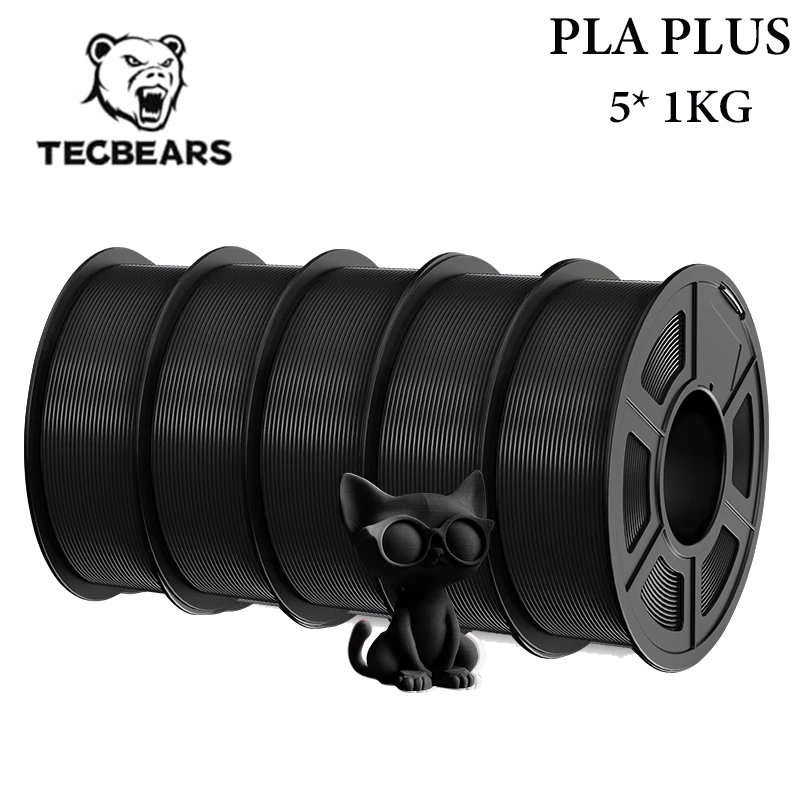TECBEARS PLA+ Filament 1.75mm, 5 kg (5 × 1 kg), PLAPLUS 5BK