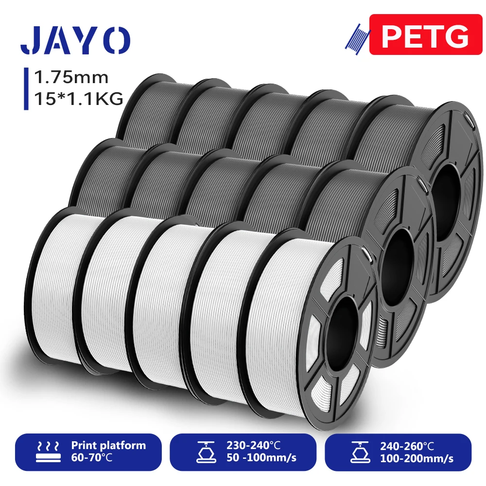JAYO PETG Filament 1.75mm, 15 Spools (15 × 1.1 kg), PETG-10GY5WT