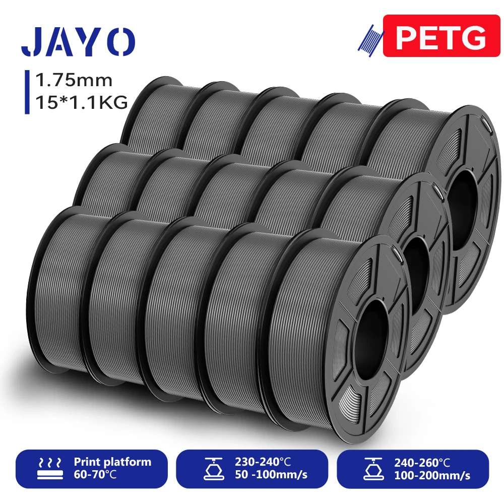 JAYO PETG Filament 1.75mm, 15 Spools (15 × 1.1 kg), PETG-15GY