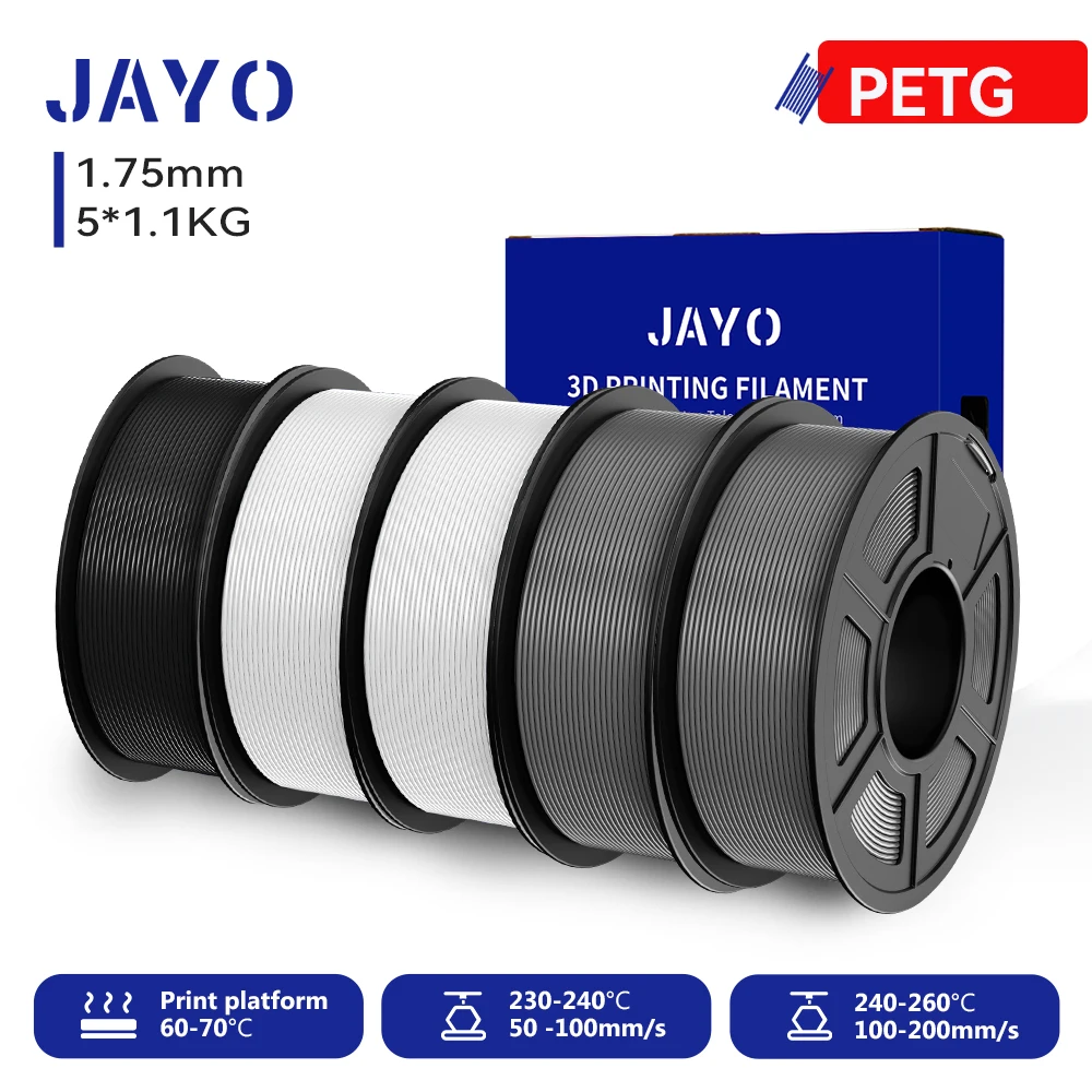 JAYO PETG Filament 1.75mm, 5-Roll Sets (5 × 1.1 kg), PETG-2WT2GYBK