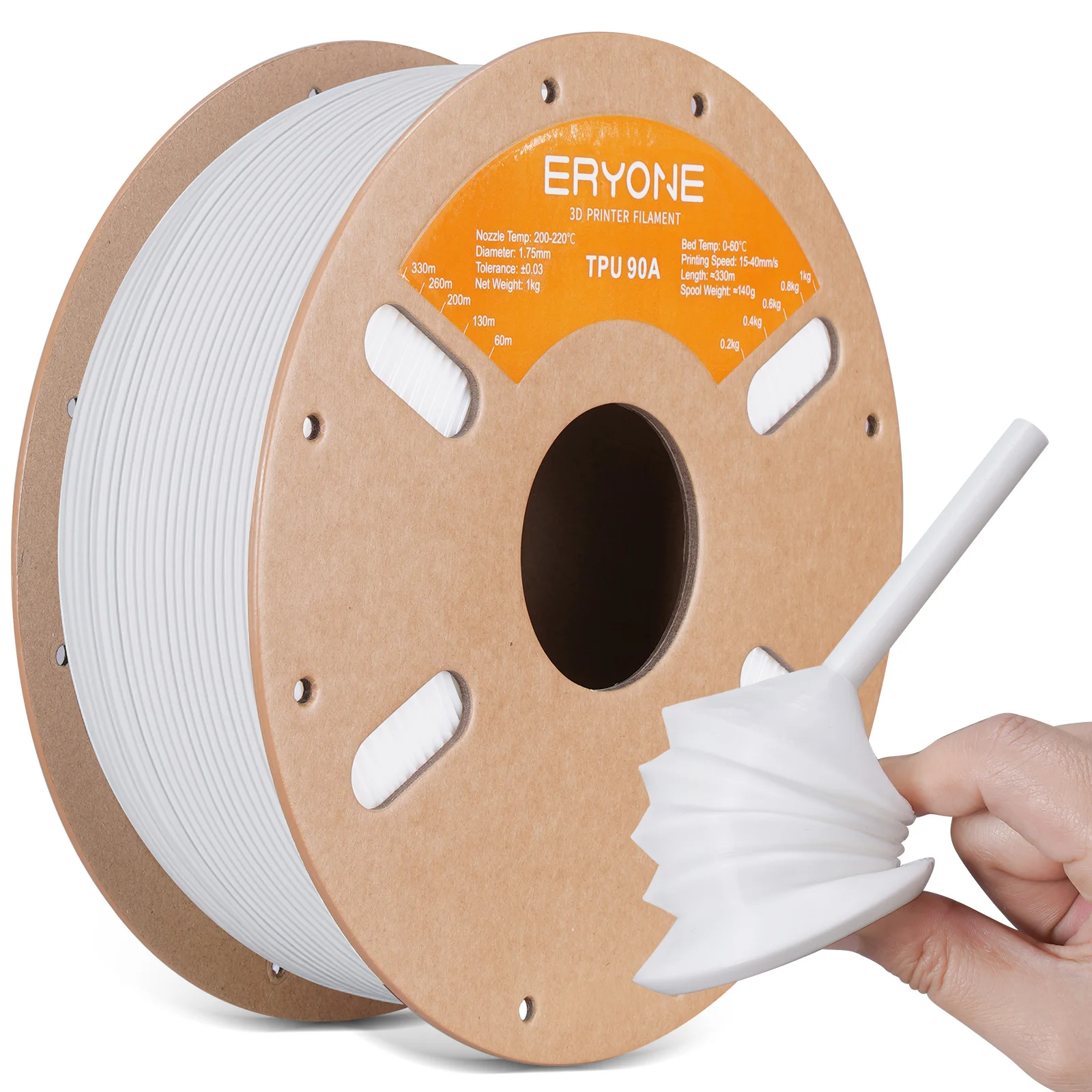 ERYONE TPU 90A Flexible Filament 1.75mm, 1 kg to 6 kg, White-1kg