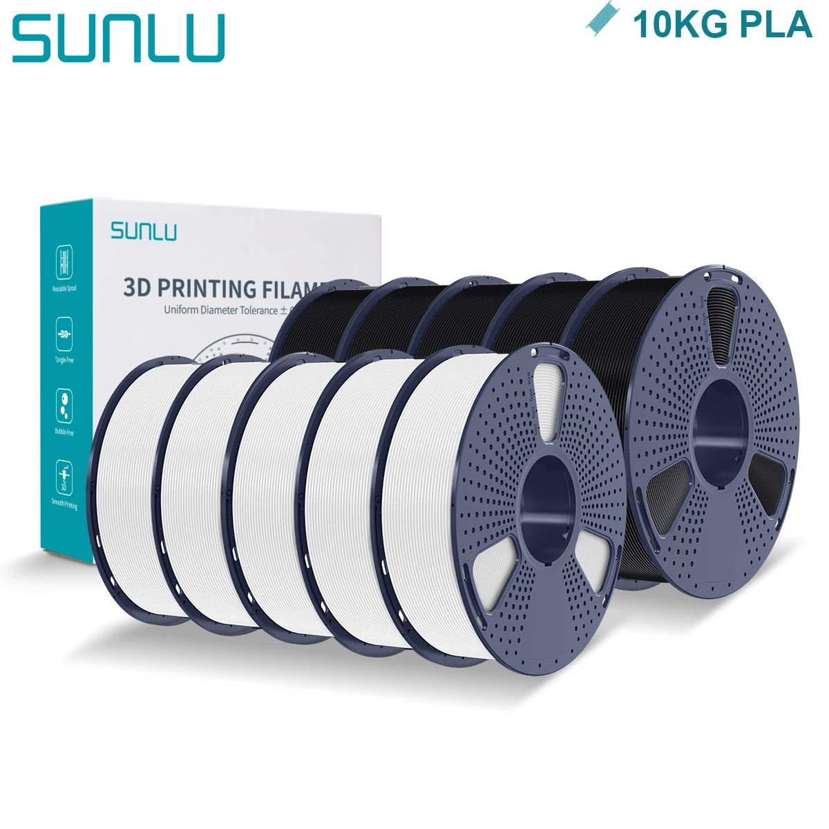 SUNLU PLA Filament 1.75mm, 10 kg (10 × 1 kg Spools), PLA 5WT-5BK