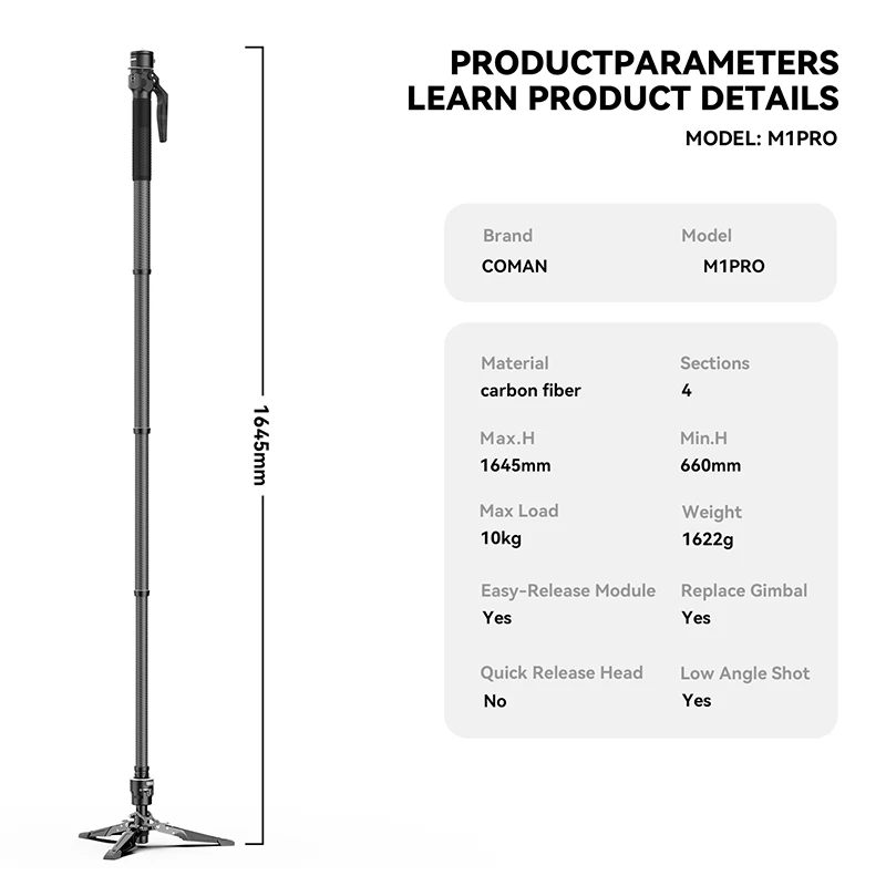 COMAN M1 Carbon Fiber Video Monopod with Feet, 69", M1 PRO