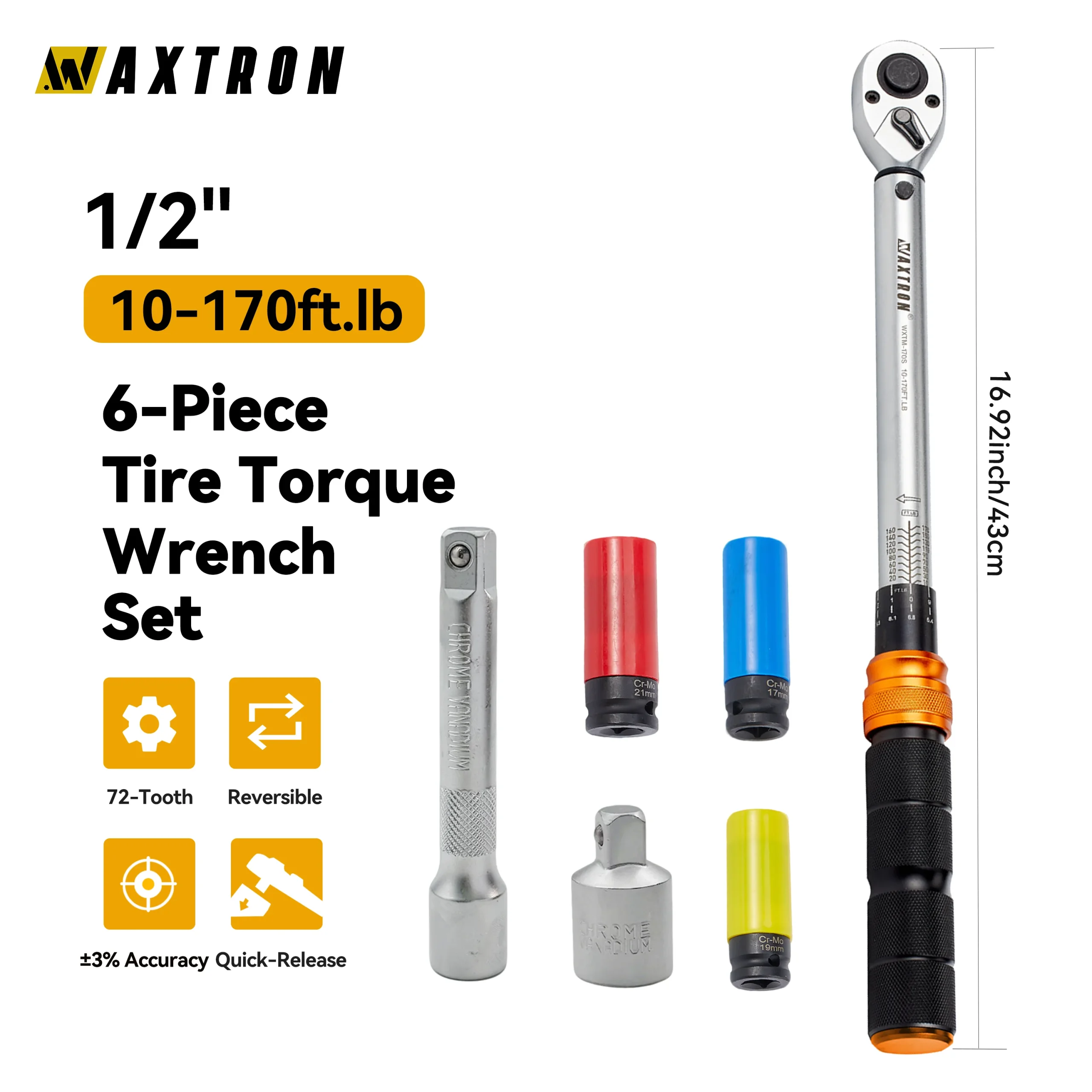 Waxtron 6-Piece 1/2" Click Torque Wrench Set, 10–170 ft-lb