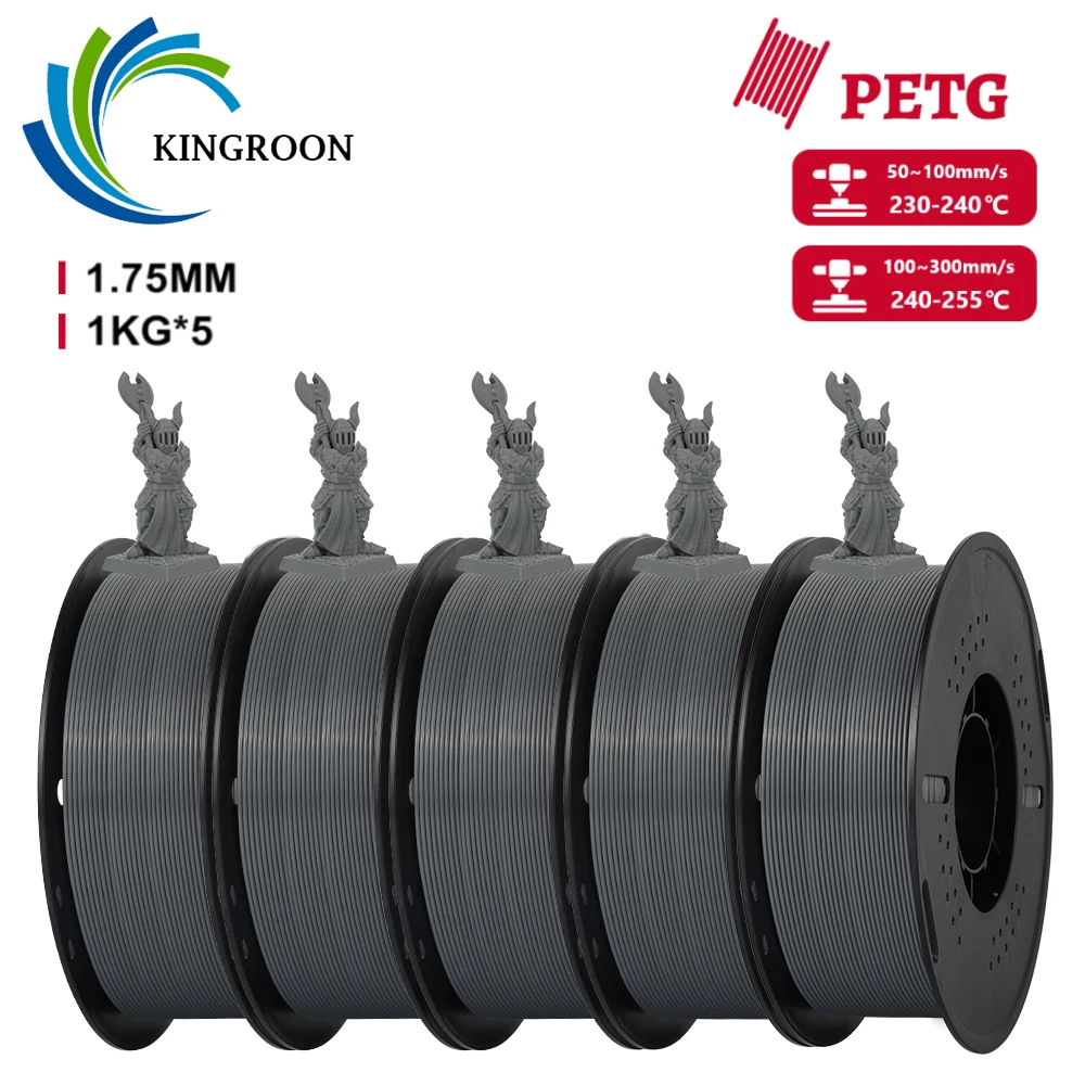 KINGROON PLA / PETG Filament 1.75mm, 5 kg (5 × 1 kg), PETG Grey 5 Roll
