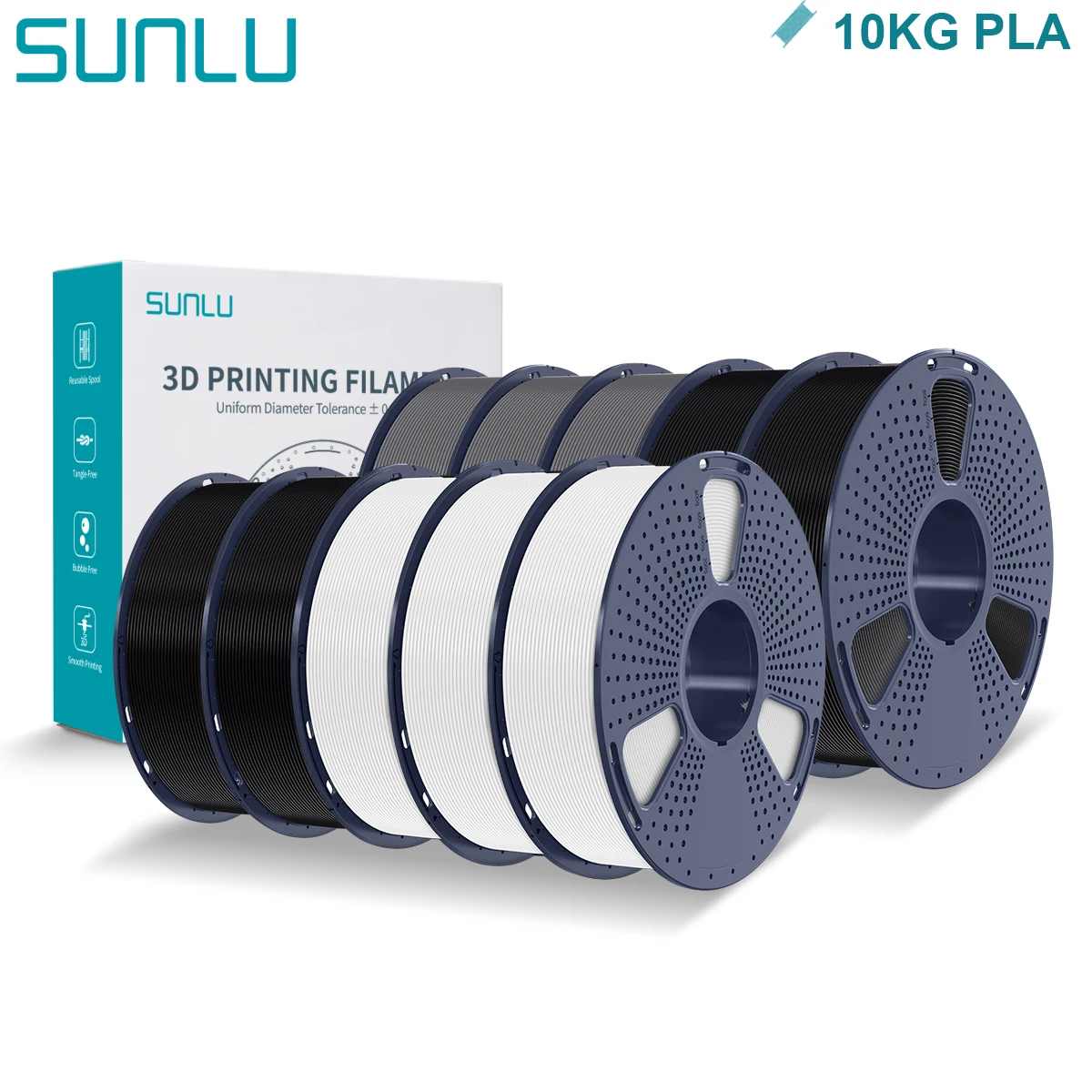 SUNLU PLA Filament 1.75mm, 10 kg (10 × 1 kg Spools), PLA 4BK-3WT-3GY
